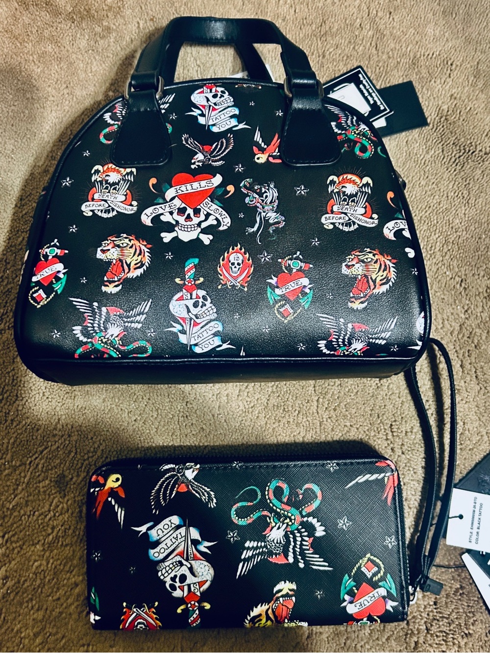 Ed Hardy Tattoo Bowler Bag & matching Zip Wallet Wristlet NWT